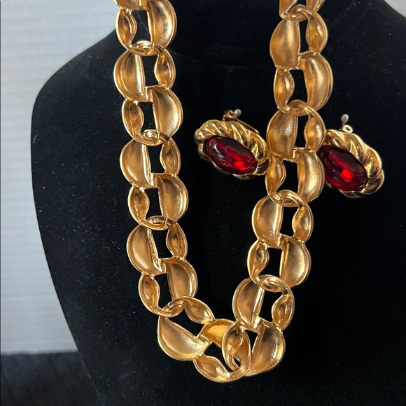 Gold Necklace and Red Stone Clip-On Earring Set 8” Drop - Picture 8 of 8
